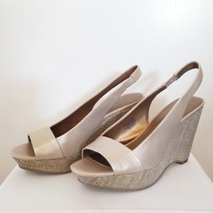 Anne Klein Fortuna Leather Peeptoe Slingback Wedge